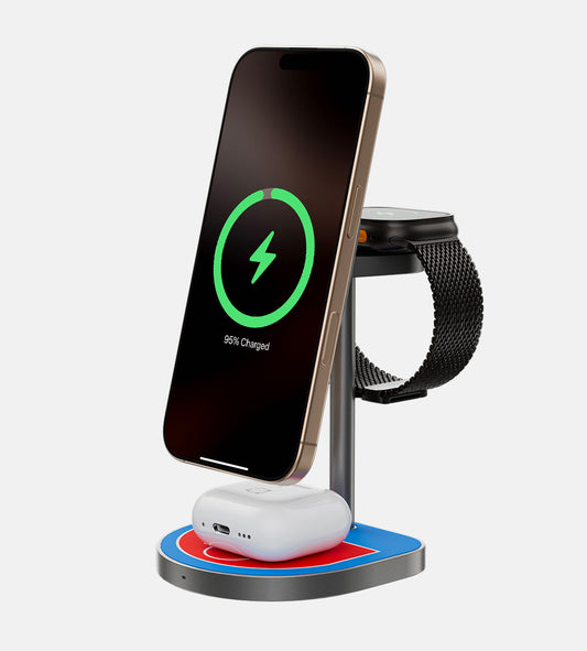 KUXIU 3-Point Power Creative 3-in-1 Magnetic Wireless Charging Stand - Red-Blue