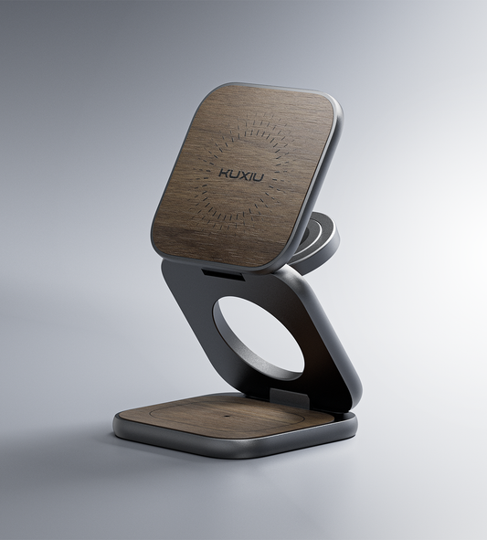 KUXIU X40 Turbo Qi2.2 Certified 25W 3-in-1 MagSafe Foldable Wireless Charging Stand  - Wood Grain
